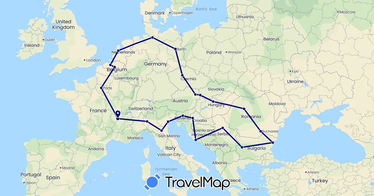 TravelMap itinerary: driving in Austria, Belgium, Bulgaria, Czech Republic, Germany, France, Croatia, Hungary, Italy, Netherlands, Romania, Serbia, Slovenia, Slovakia (Europe)